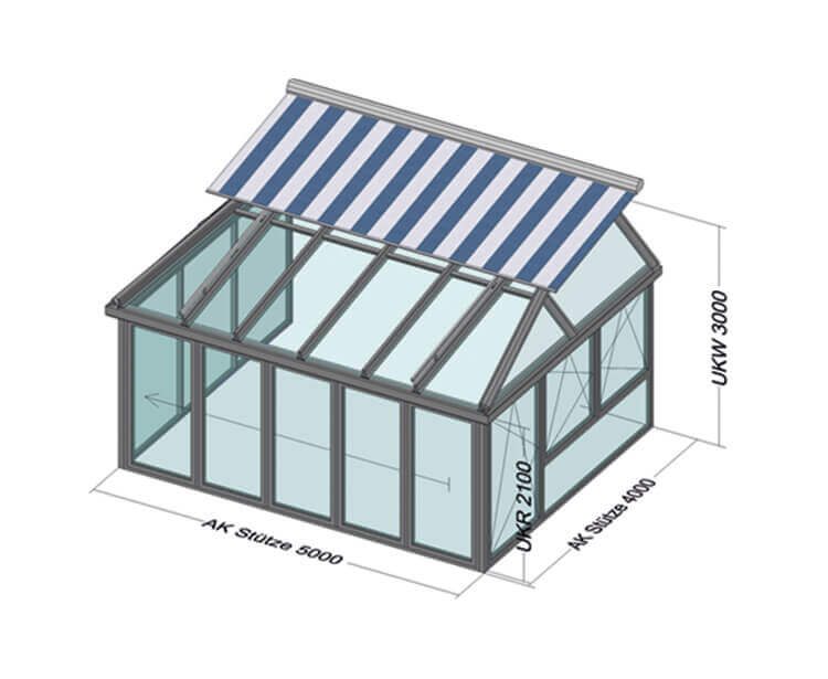 CAD-Planungsskizze eines Wintergartens mit Maßangaben
